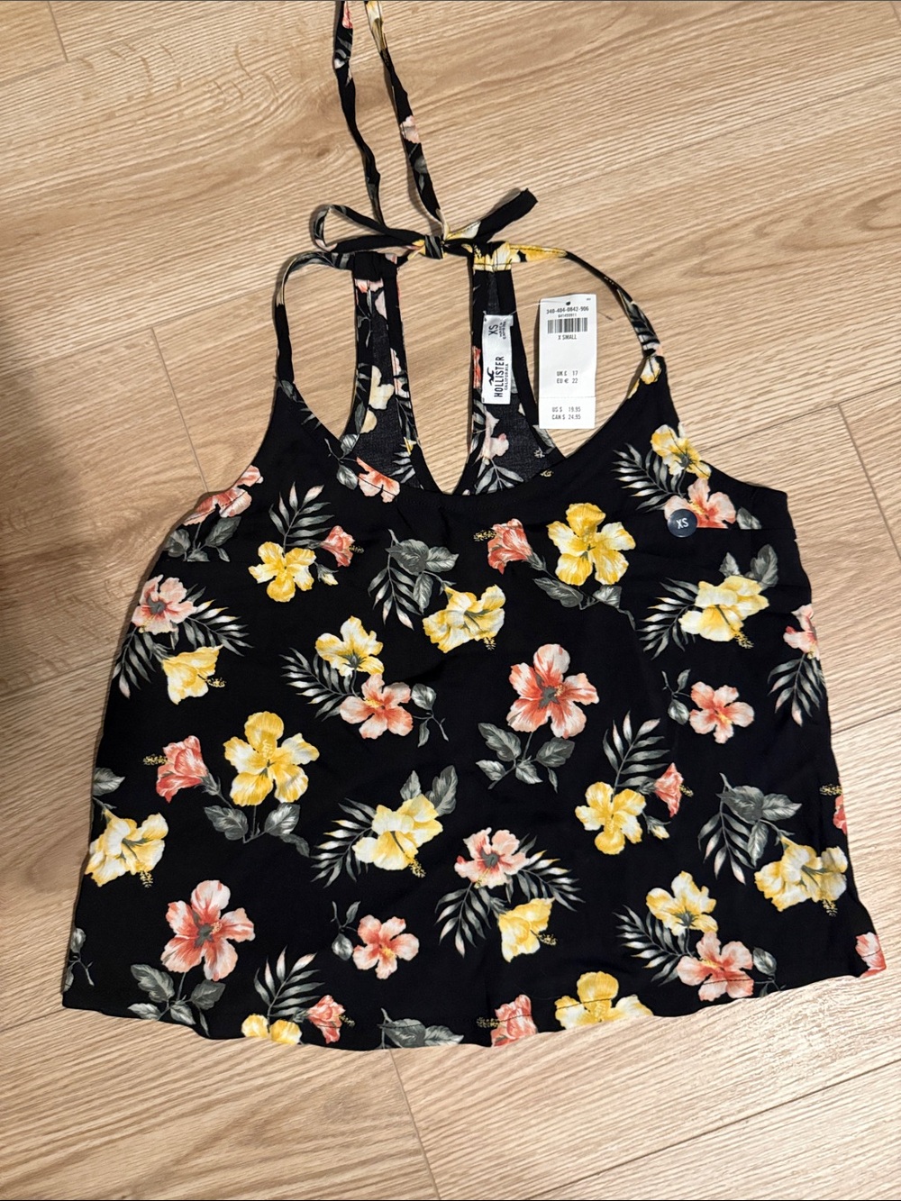 Hollister Black Floral Halter Camisole with Yellow & Coral Flowers